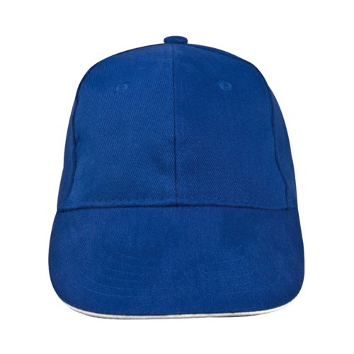 Blue 6-panel cotton baseball cap with adjustable strap.