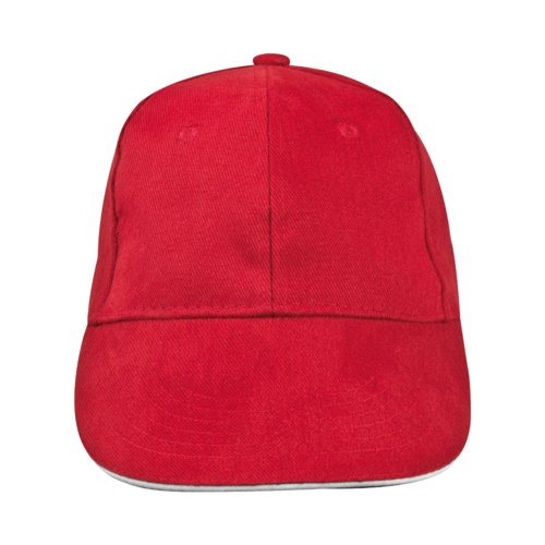 Red fabric baseball cap with six panels.