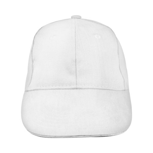 White fabric baseball cap with six panels.