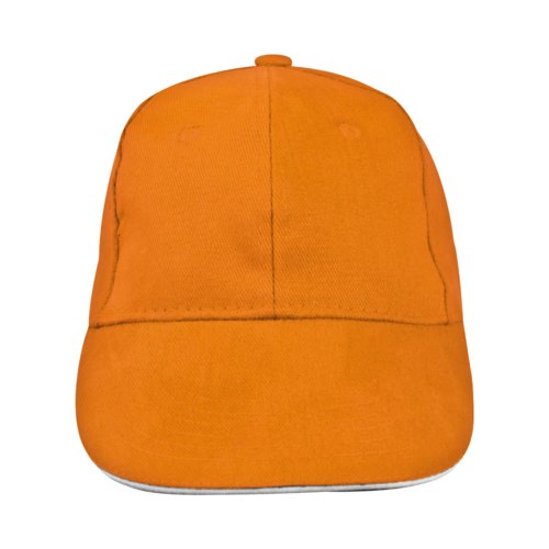Orange fabric 6-panel baseball cap with reinforced front.