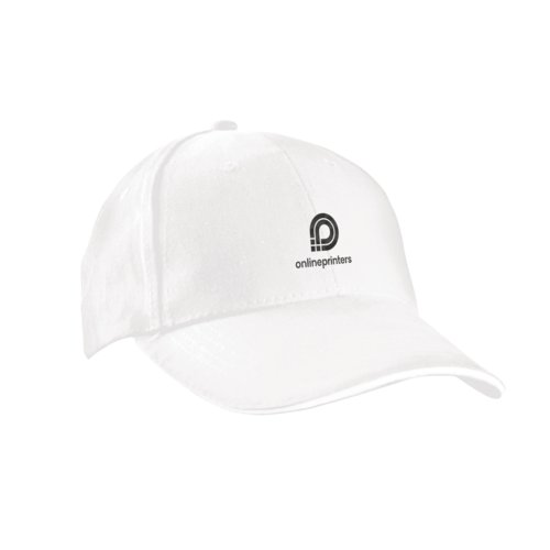 White baseball cap with six panels and adjustable strap.