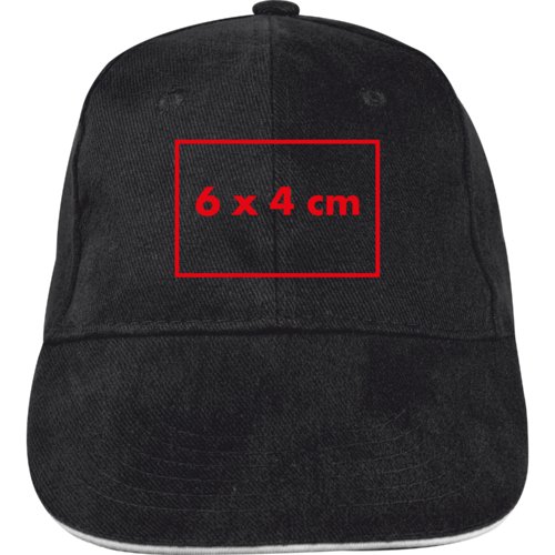 Black fabric baseball cap with six panels and adjustable strap.