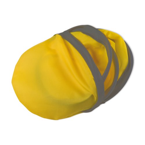Yellow, foldable fabric flying disc with elastic holders.
