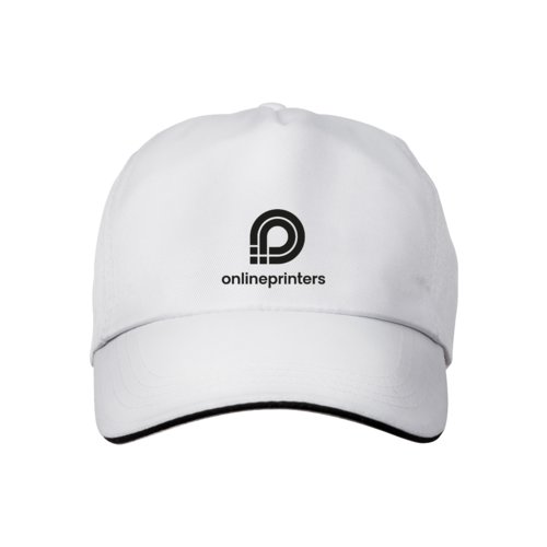White cap with pre-curved visor and adjustable closure.