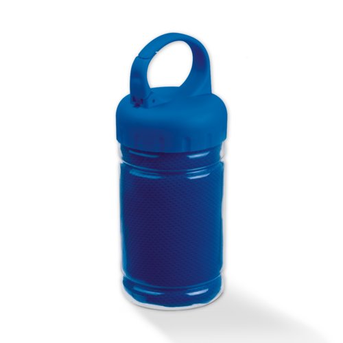 Blue textile sports towel with storage container.