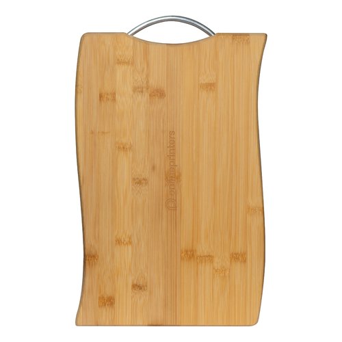 Beige bamboo cutting board with handle.