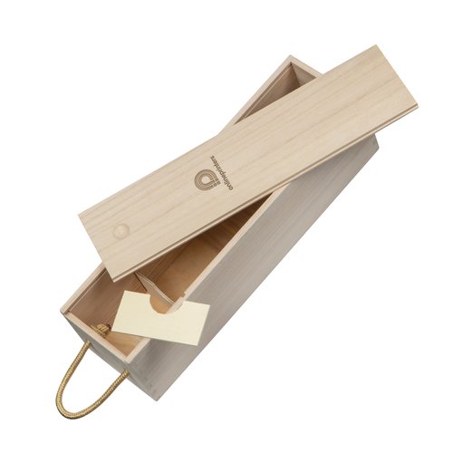 Beige wooden wine box with lid and rope handles.