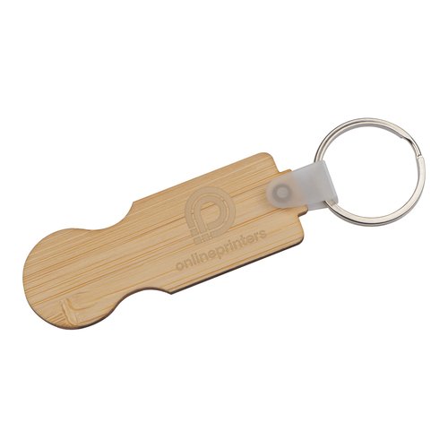 Wooden keychain with shopping cart chip and metal ring.