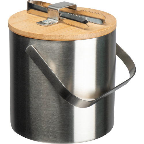 Silver metal ice bucket with wood lid.
