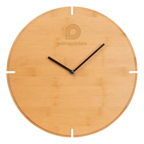 Beige wooden wall clock with hour and minute hands.