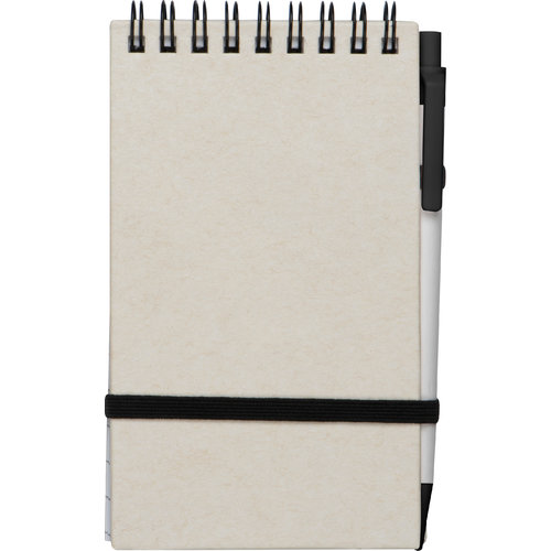 Beige recycled milk carton spiral notebook with elastic band.