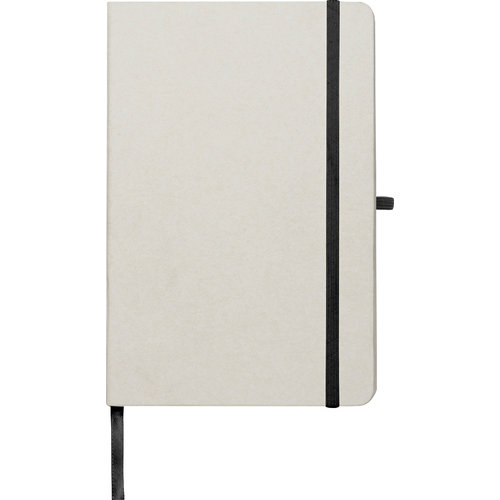 Beige recycled milk carton notebook with elastic band.
