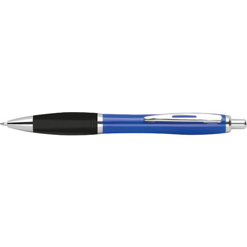 Blue ABS ballpoint pen with clip and push button.