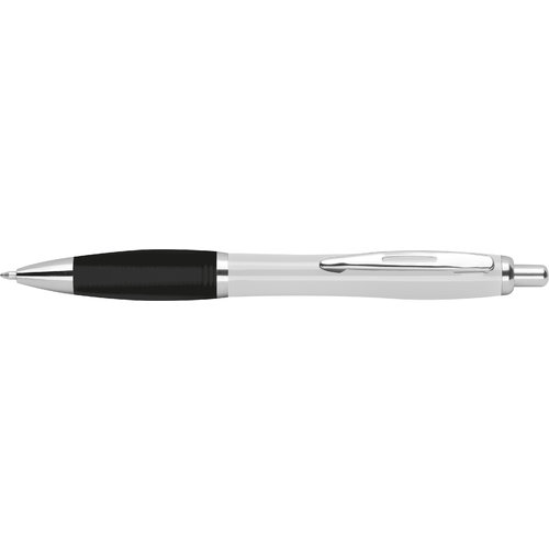 White ABS ballpoint pen with clip and push button.