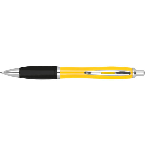 Yellow ABS ballpoint pen with clip and push mechanism.