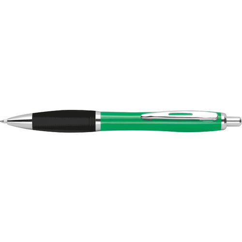 Green ABS ballpoint pen with clip and push button.