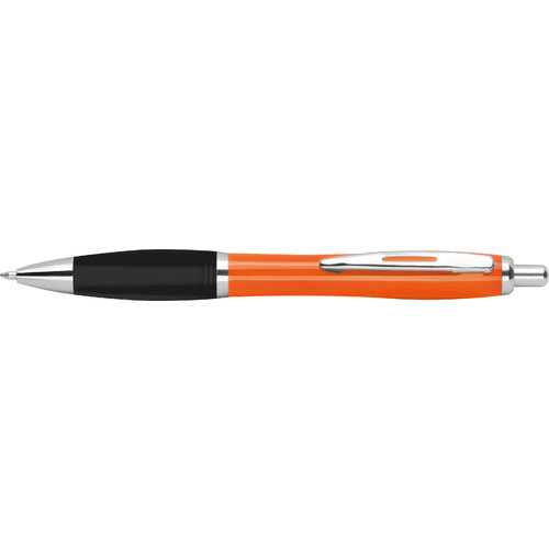 Orange ABS ballpoint pen with clip and push mechanism.
