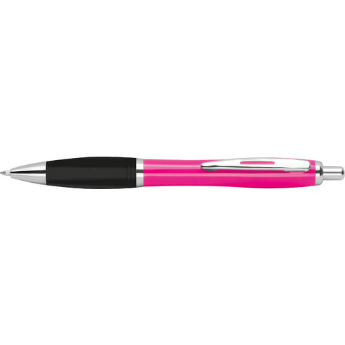 Pink ballpoint pen made of recycled ABS plastic with clip.