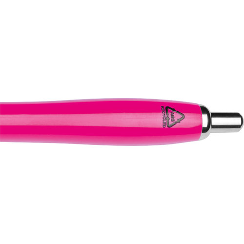 Pink ballpoint pen made of recycled ABS plastic with clip.