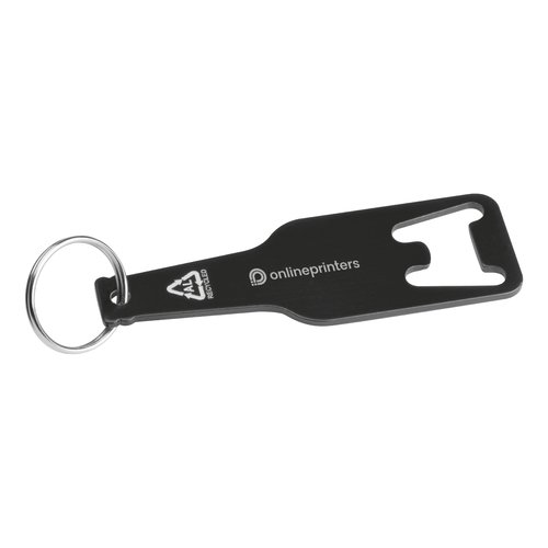 Recycled aluminum bottle opener with keyring.