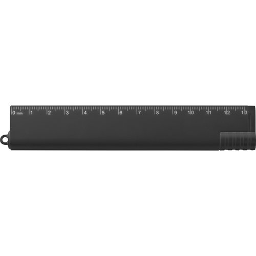 Black plastic ruler with multifunctional measurement features.