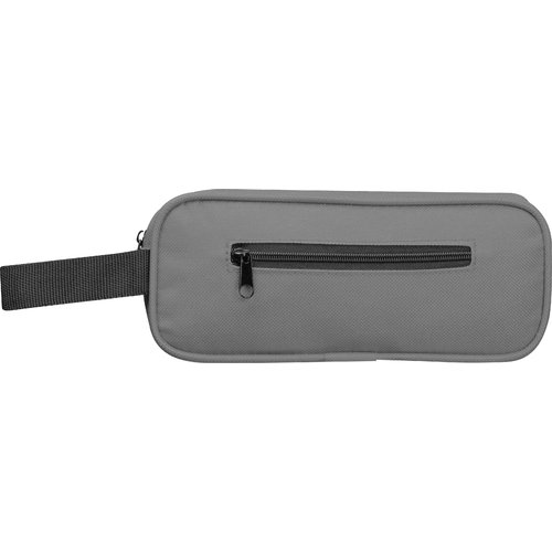 Gray RPET pencil case with zipper and carrying loop.