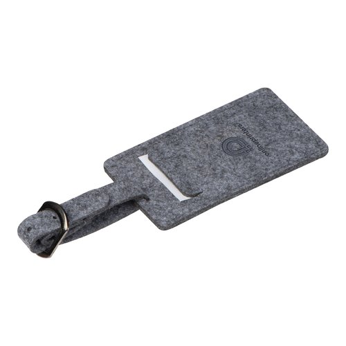 Gray felt luggage tag with buckle and clear window.