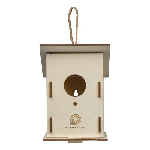 Beige wooden birdhouse with rope hanger.