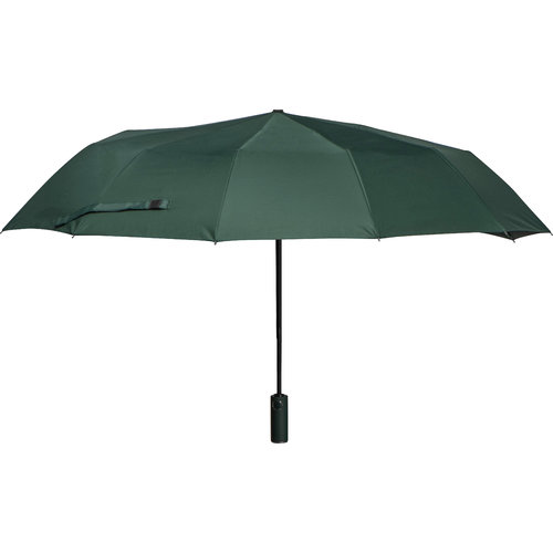 Dark green pocket umbrella with cover and handle.