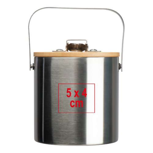 Silver metal ice bucket with bamboo lid and handle.