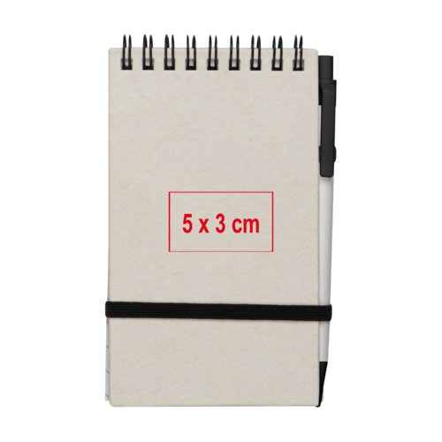 Light cardboard recycled spiral notebook with pen loop and elastic band.
