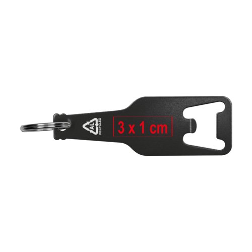 Black recycled aluminum bottle opener with key ring.
