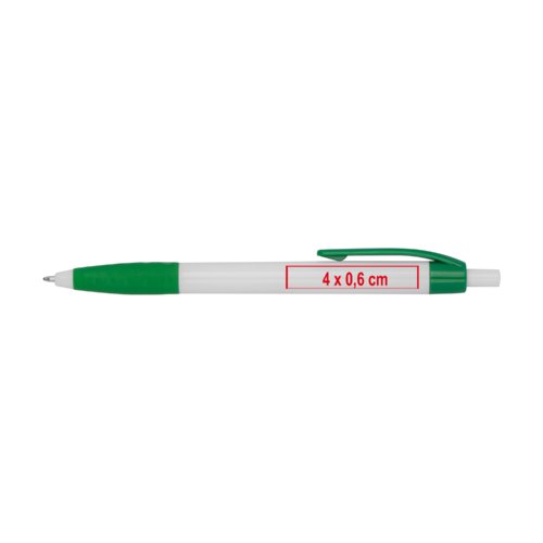 Plastic ballpoint pen with clip and push button.