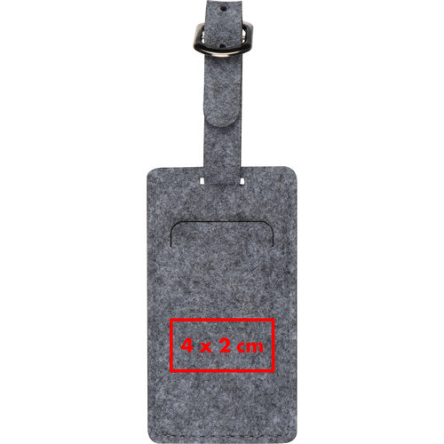 Gray felt luggage tag with metal buckle and slot.