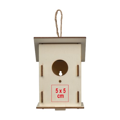 Wooden birdhouse with suspension.