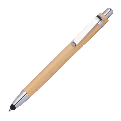 Beige wooden ballpoint pen with clip and push mechanism.
