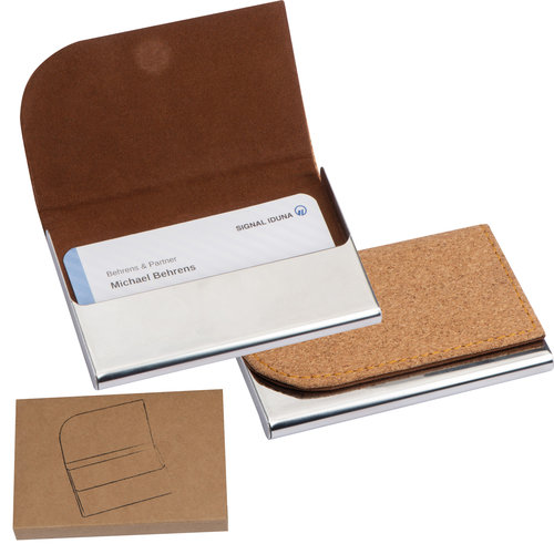 Metal business card holder with cork surface Manado 1