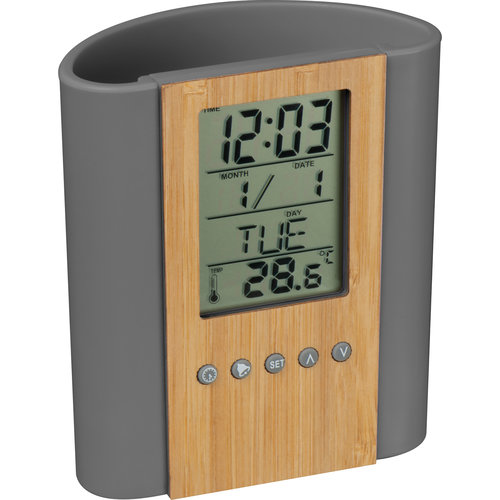 Gray pen holder with bamboo element and digital display.