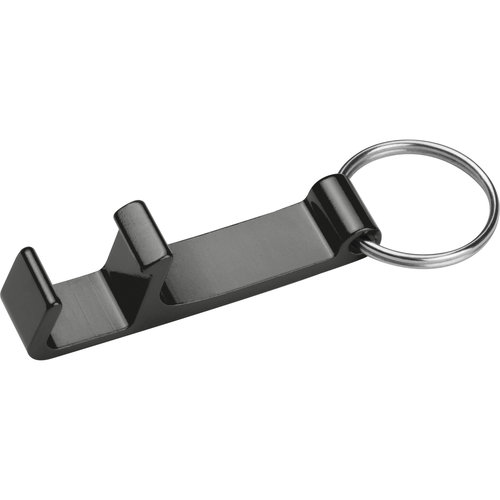 Black metal keychain with bottle opener and key ring.