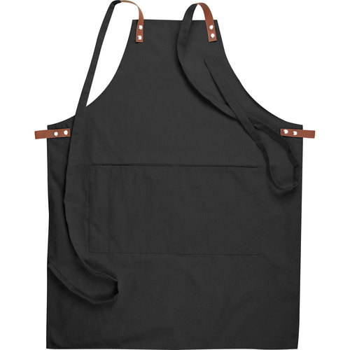 Black fabric apron with adjustable straps and patch pocket.