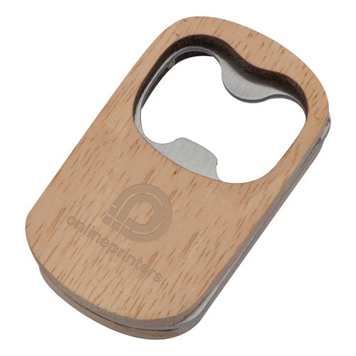 Wooden bottle opener with metal insert.
