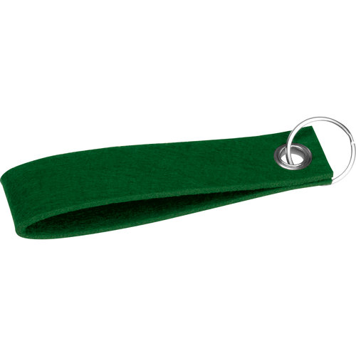 Green felt keychain with metal ring.