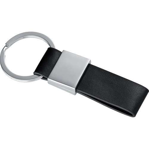 Black leather keychain with metal ring.