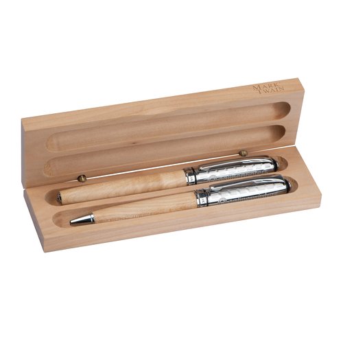 Beige wood writing set with ballpoint pen and fountain pen.