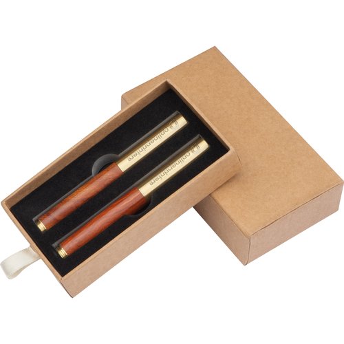 Brown wooden writing set with two pens and matching box.