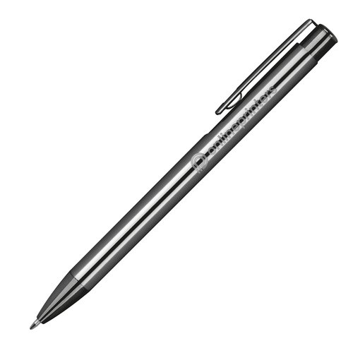 Metal ballpoint pen with clip and push mechanism.