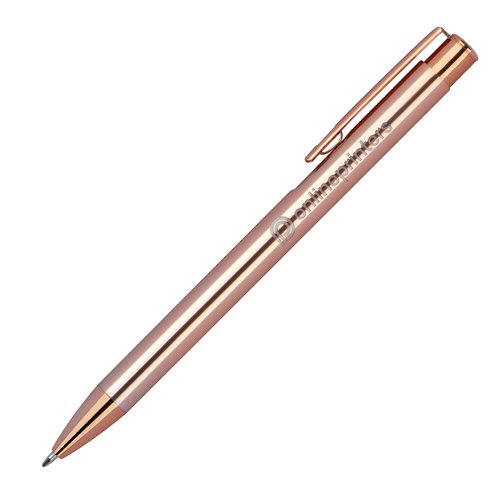 Copper-colored metal ballpoint pen with clip and push mechanism.