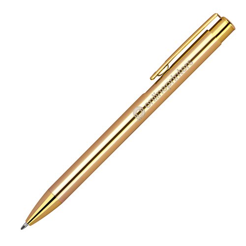 Golden metal ballpoint pen with clip and push mechanism.