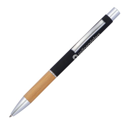 Black aluminum ballpoint pen with metal elements and clip.