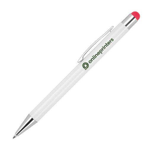 Red metal ballpoint pen with touch pen function and clip.